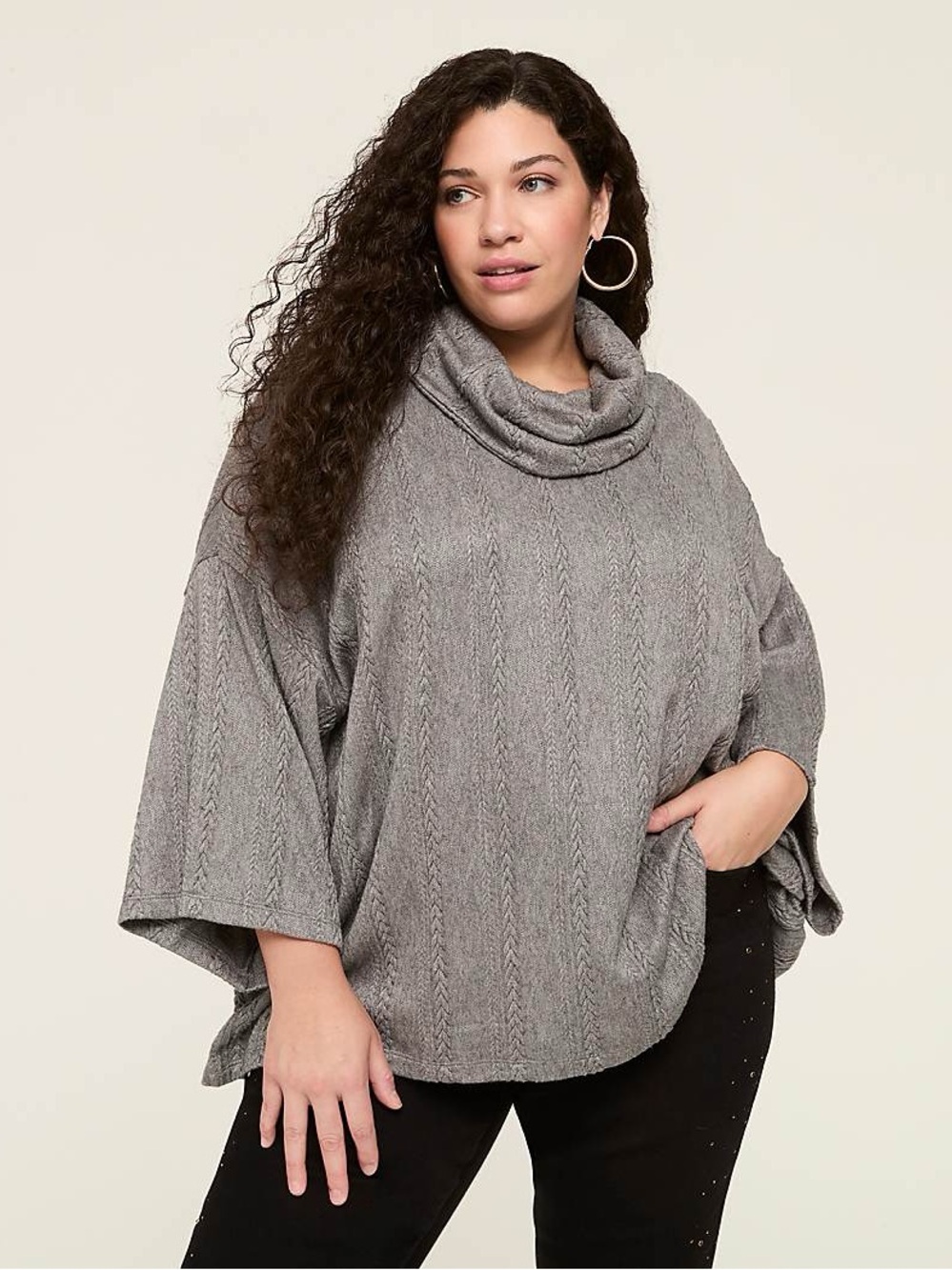 Lane Bryant Women’s Plus Size 22/24 Cowlneck Textured Poncho Top Gray Cableknit